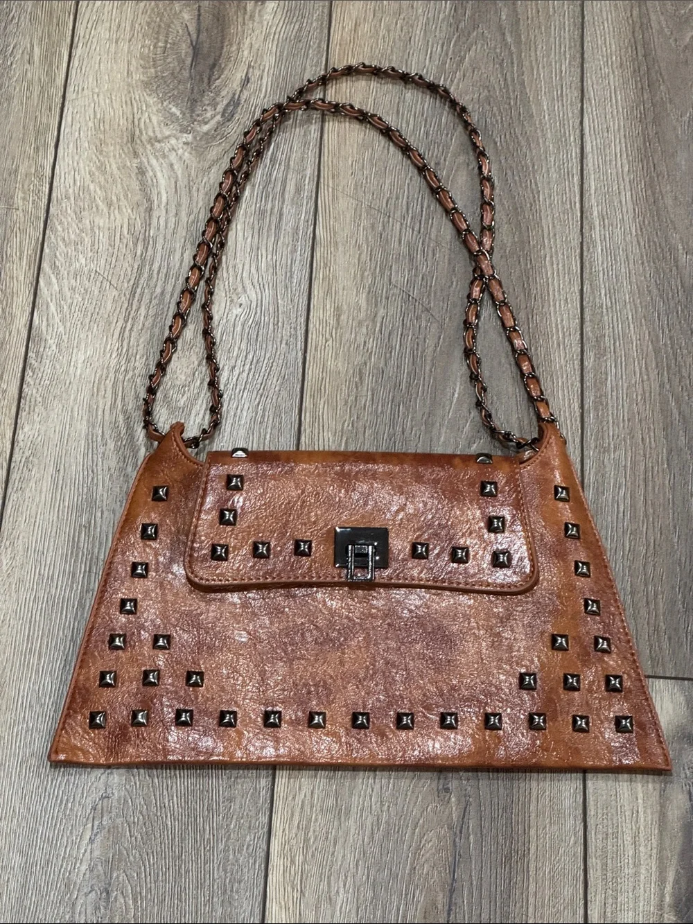 Festival Studded Cognac Brown Vegan Leather Crossbody Shoulder Bag Crossbody